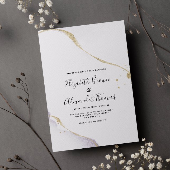 Minimalistische lila Aquarellgoldverheiratung Glit Einladung (Minimalist purple watercolor gold glitter wedding )