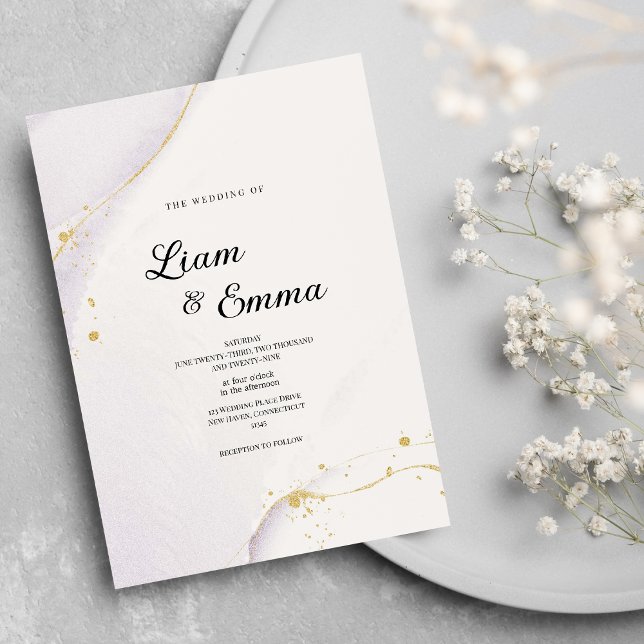 Minimalistische lila Aquarellgoldverheiratung Glit Einladung (Minimalist purple watercolor gold glitter wedding)