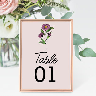 Minimalistische Lila Aster-Hochzeit-Tischnummer Tischnummer