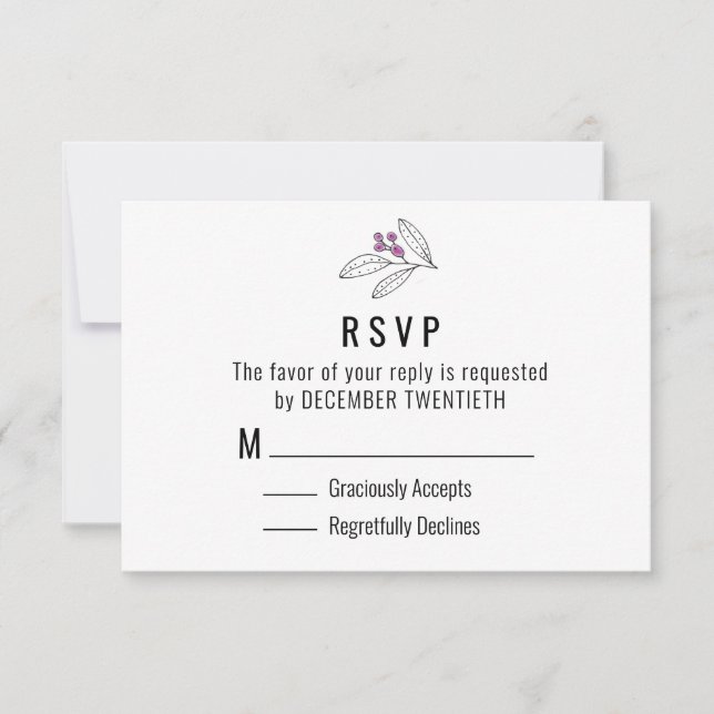 Minimalistische Lila Berries Blätter Hochzeitsszen RSVP Karte (Vorderseite)