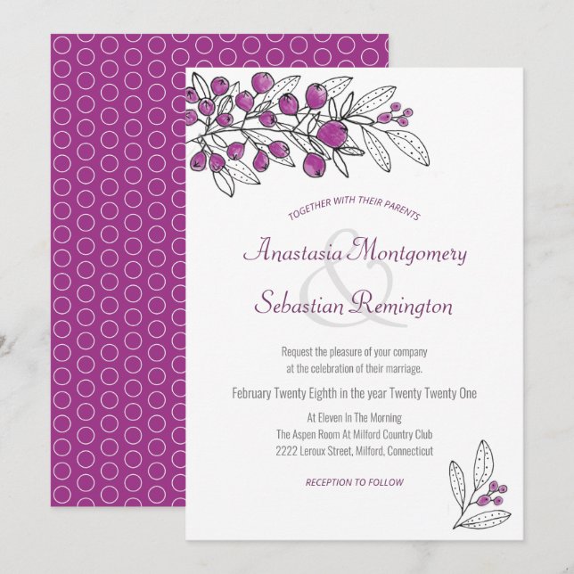 Minimalistische Lila Berry-Blätter Hochzeit Einladung (Vorne/Hinten)