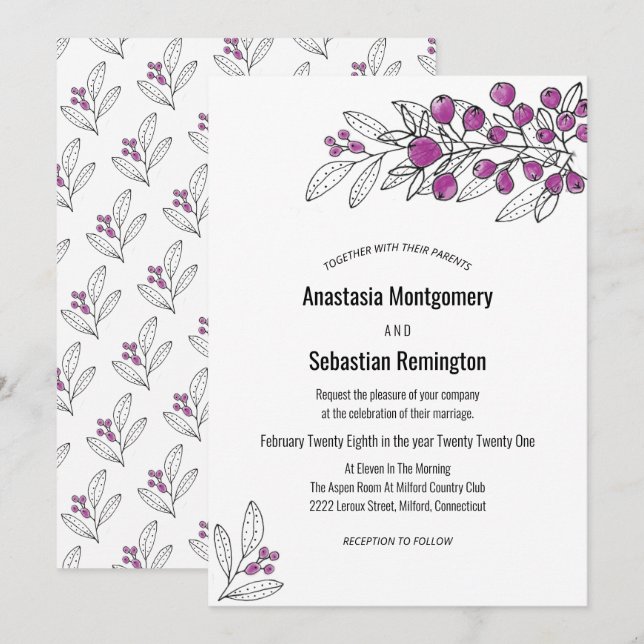 Minimalistische Lila Berry Leaf Einladung zur Hoch (Vorne/Hinten)