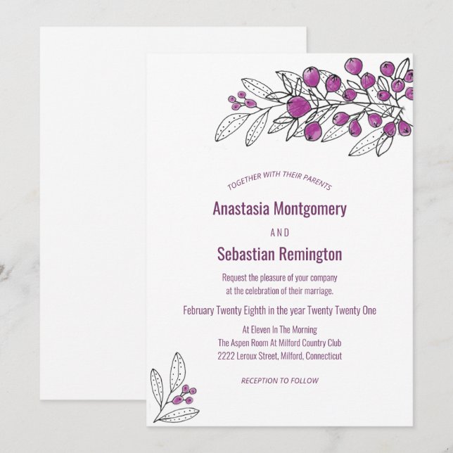 Minimalistische Lila Berry Leaf Einladung zur Hoch (Vorne/Hinten)