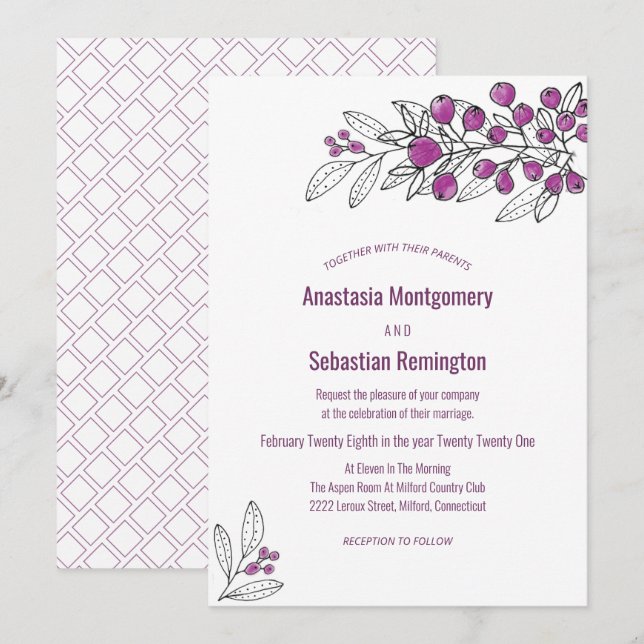 Minimalistische Lila Berry Leaf Hochzeitsvorlage Einladung (Vorne/Hinten)