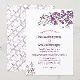 Minimalistische Lila Berry Leaf Hochzeitsvorlage Einladung