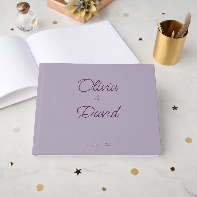 Minimalistische lila Hochzeit Gästebuch (Vorderseite Offen)