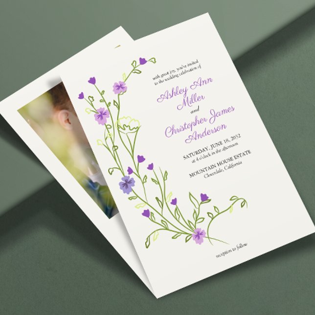 Minimalistische Lila Wildblume Foto Hochzeit Einladung (Von Creator hochgeladen)