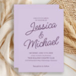 Minimalistische Lilac Plum Lila Script-Hochzeit Einladung<br><div class="desc">Diese romantische lila Hochzeitseinladung verbindet anmutige Typografie mit einem sauberen minimalistischen Layout und macht sie zu einer schönen Wahl für Frühling, Garten oder skurrile Hochzeitsthemen. Der weiche, pastellfarbene lila Hintergrund, gepaart mit eleganten dunklen Skriptnamen, schafft einen zeitlosen und süßen Eindruck. Ideal für Paare, die schlichte Eleganz mit einer charmanten Touch...</div>