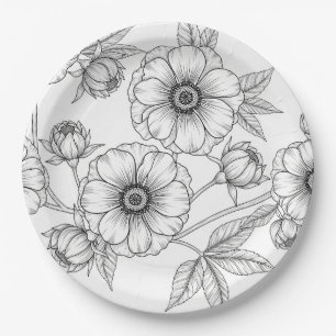Minimalistische Linienkunst Blumen Nahtloses Muste Pappteller
