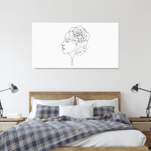 Minimalistische Linienkunst Frau mit Rosenblüten-L Leinwanddruck