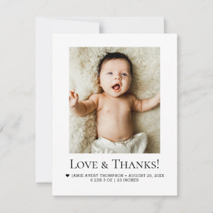 Minimalistische Love & Thanks Baby-Foto-Geburtssta Dankeskarte