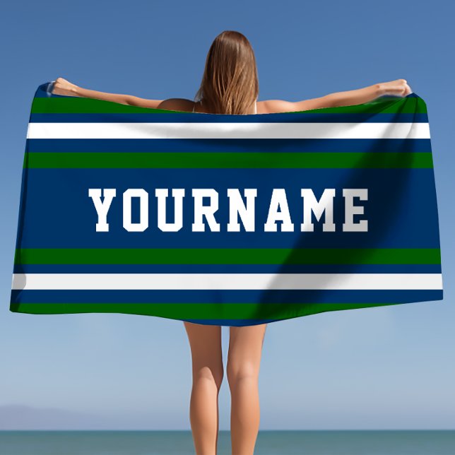 Minimalistische Marine- und Grünstreifen Strandtuch (Minimalist Navy & Green Stripes Custom Beach Towel)