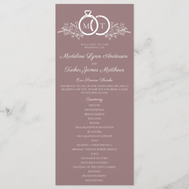 Minimalistische Mauve Wedding Ring Monogram Weddin Programm (Vorderseite)