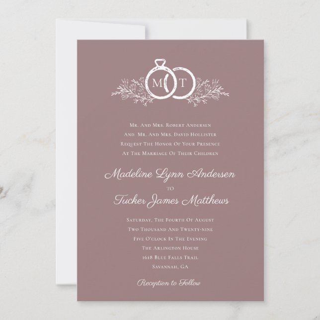 Minimalistische Mauve Wedding Rings Foto Hochzeit Einladung (Vorderseite)
