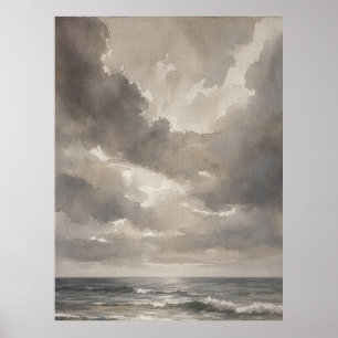 Minimalistische Meereslandschaft-Malerei in Beige Poster