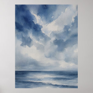 Minimalistische Meereslandschaft-Malerei in Blau u Poster