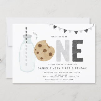 Minimalistische Milch und Cookies Erster Geburtsta Einladung