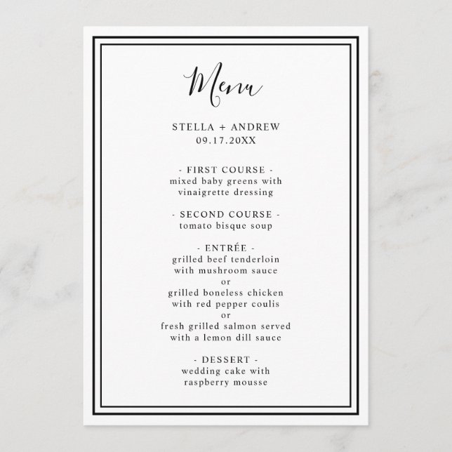 Minimalistische Minimalistische Hochzeit in Schwar Menükarte (Vorderseite)