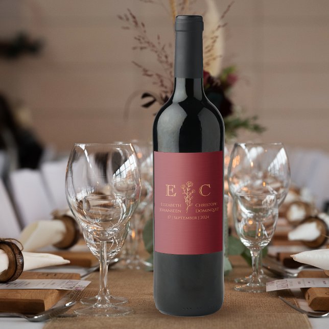 Minimalistische Mit Monogramm Hochzeit mit Blumenr Weinetikett (Von Creator hochgeladen)