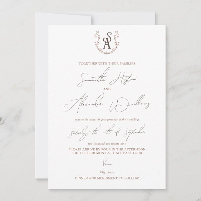 Minimalistische Mocha Mousse Preppy Calligrafy Wed Einladung (Vorderseite)