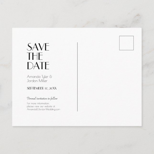 Minimalistische moderne Art-Deco-Hochzeit rettet d Ankündigungspostkarte (Rückseite)
