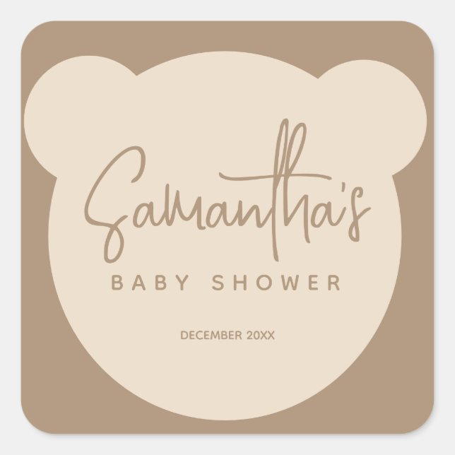 Minimalistische moderne Bear Baby Dusche Quadratischer Aufkleber (Vorderseite)