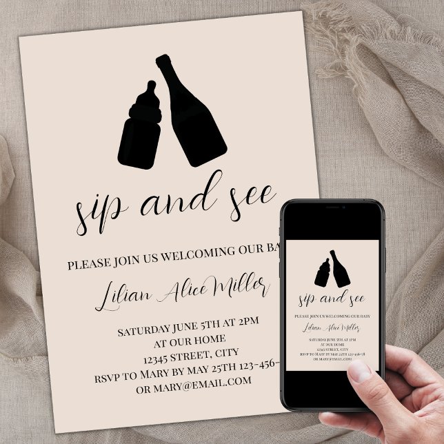 Minimalistische, moderne Beige-Babydusche Einladung (Sip and see invitation, gender neutral beige, baby bottle champagne silhouettes, minimalist elegant)