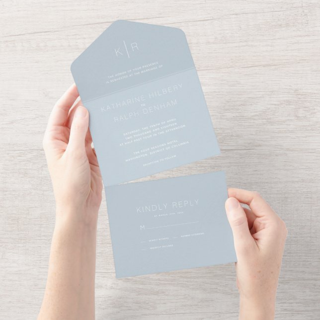 Minimalistische moderne blaue Hochzeit in einem All In One Einladung (Abreißen)