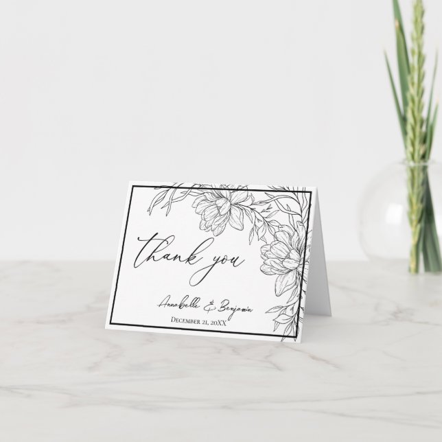 Minimalistische, moderne Blumenhochzeit Dankeskarte (Vorderseite)