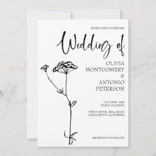 Minimalistische, moderne, blumenschwarze und weiße einladung
