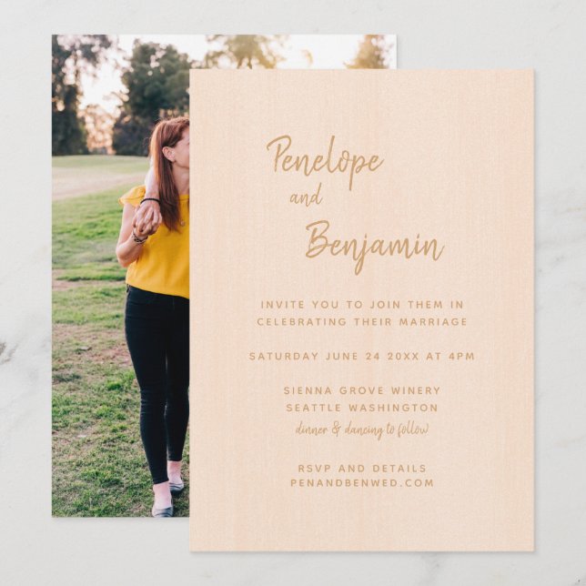Minimalistische moderne Boho Peach Foto Hochzeit Einladung (Vorne/Hinten)