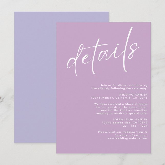 Minimalistische, moderne, einfache Lavender Hochze Begleitkarte (Vorne/Hinten)
