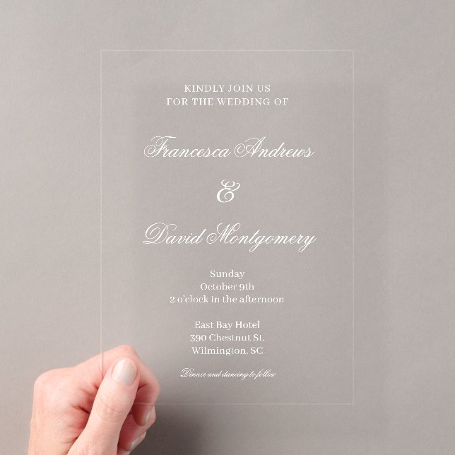 Minimalistische, moderne, elegante Hochzeit Acryleinladungen (Insitu (Handheld))