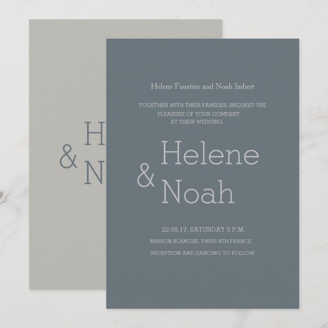 Minimalistische, moderne Fichtenblau-Graue Hochzei Einladung (Vorne/Hinten)