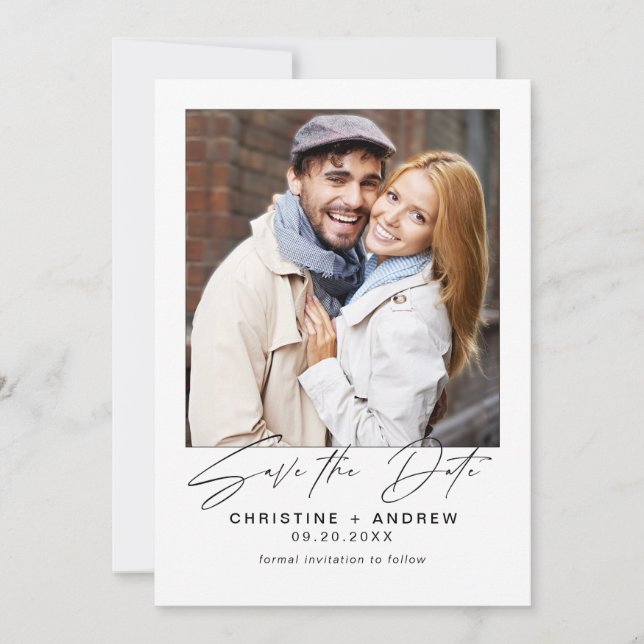 Minimalistische moderne Foto-Script-Hochzeit Save The Date (Vorderseite)
