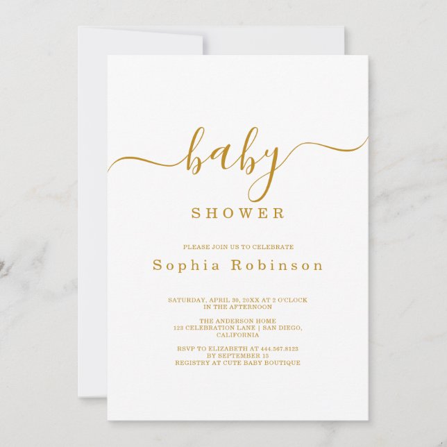 Minimalistische moderne Goldkalligrafie-Babydusche Einladung (Vorderseite)