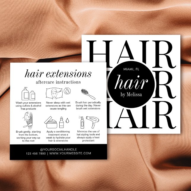 Minimalistische, moderne Haarverlängerung Quadratische Visitenkarte (Modern hair extensions aftercare instructions business cards with step-by-step icons)