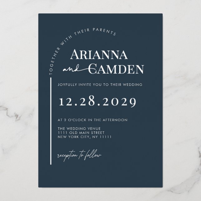 Minimalistische, moderne Hochzeit der Navy Blue Si Folieneinladung (Vorderseite)