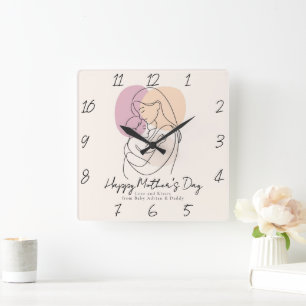 Minimalistische moderne Linienkunst Mama & Baby Mu Quadratische Wanduhr