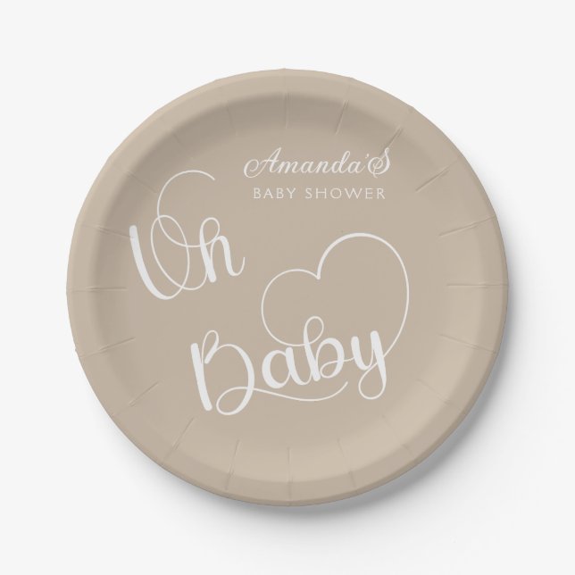 Minimalistische moderne, neutrale Beige-Babydusche Pappteller (Vorderseite)