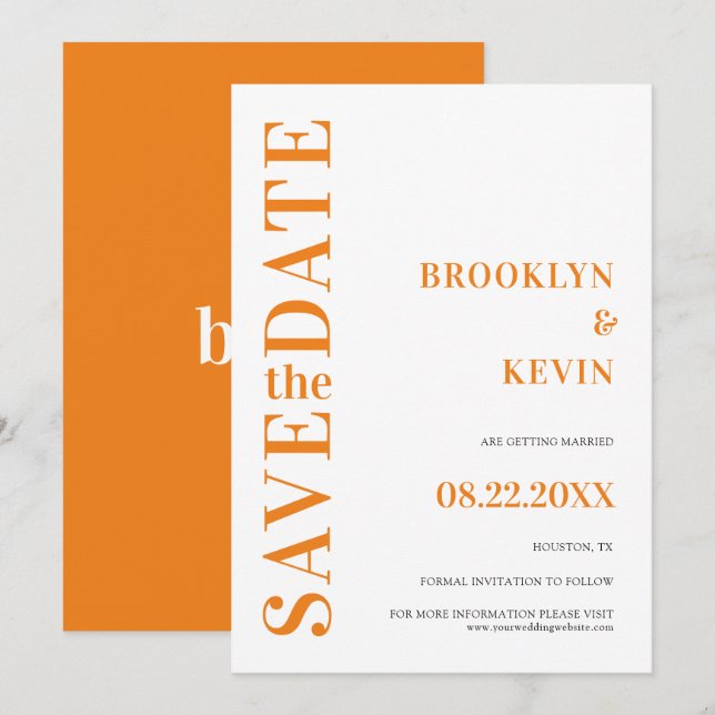 Minimalistische, moderne Orangenhochzeit Rette Save The Date (Vorne/Hinten)