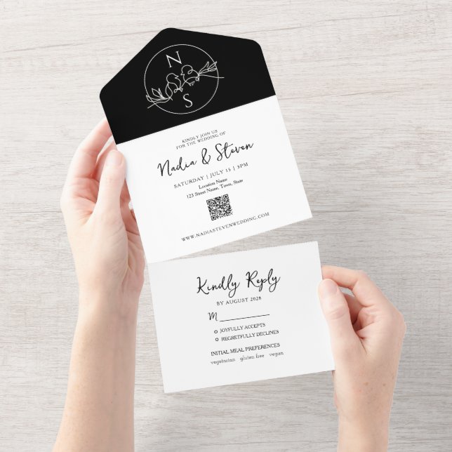 Minimalistische moderne Schwarz-Weiß-Hochzeit All In One Einladung (Abreißen)