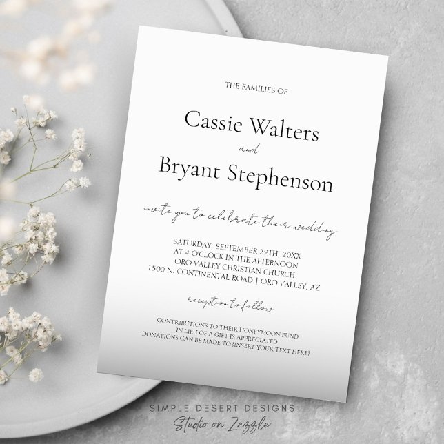 Minimalistische moderne Schwarz-Weiß-Ombre-Hochzei Einladung (Elegant Minimalist Black and White Wedding Invitation with Calligraphy Script and Simple Typography)