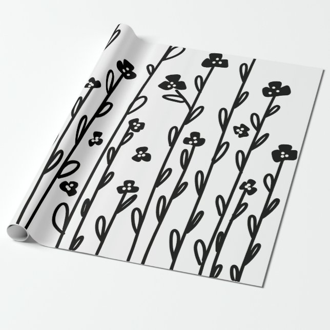 Minimalistische moderne Schwarz-weiße Doodblüte Geschenkpapier (Ungerollt)