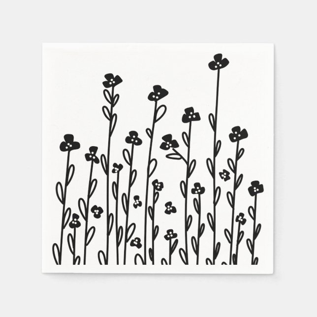 Minimalistische moderne Schwarz-weiße Doodblüte Serviette (Vorderseite)