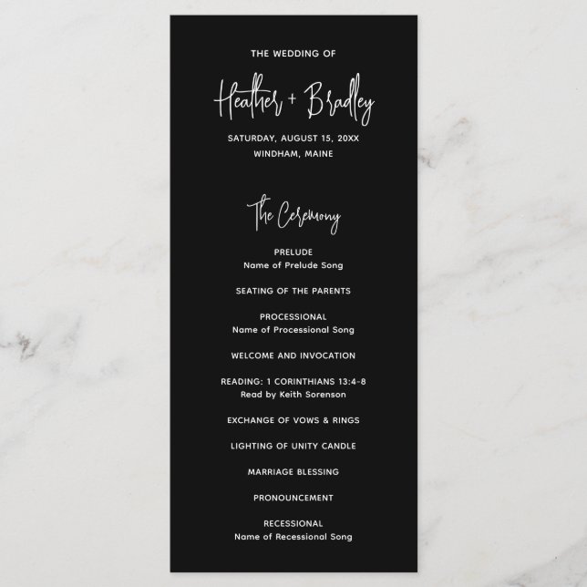 Minimalistische moderne schwarze Hochzeit Programm (Vorderseite)