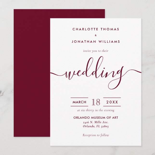 Minimalistische moderne Script Burgundy Hochzeit Einladung (Vorne/Hinten)