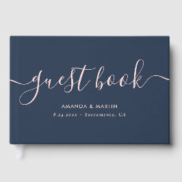 Minimalistische moderne Script-Navy und Blush-Hoch Gästebuch