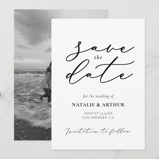Minimalistische moderne Skripthochzeit Save The Date (Vorne/Hinten)