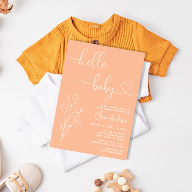 Minimalistische moderne Soft Peach Floral Baby Dus Einladung (Von Creator hochgeladen)